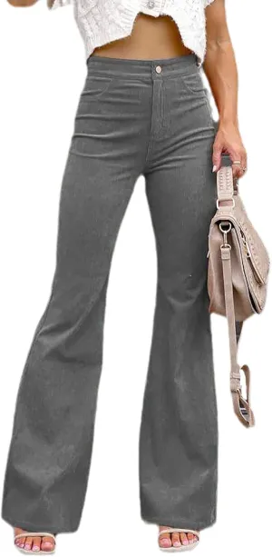 Women's High Waist Stretchy Corduroy Flare Pants Solid Color Casual Bell Bottom Trousers