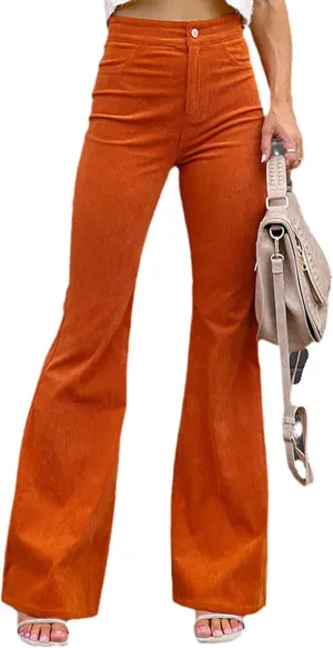 Women's High Waist Stretchy Corduroy Flare Pants Solid Color Casual Bell Bottom Trousers