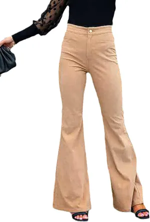 Women's High Waist Stretchy Corduroy Flare Pants Solid Color Casual Bell Bottom Trousers