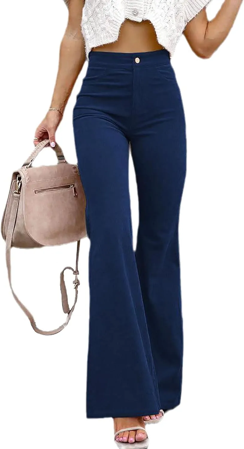 Women's High Waist Stretchy Corduroy Flare Pants Solid Color Casual Bell Bottom Trousers