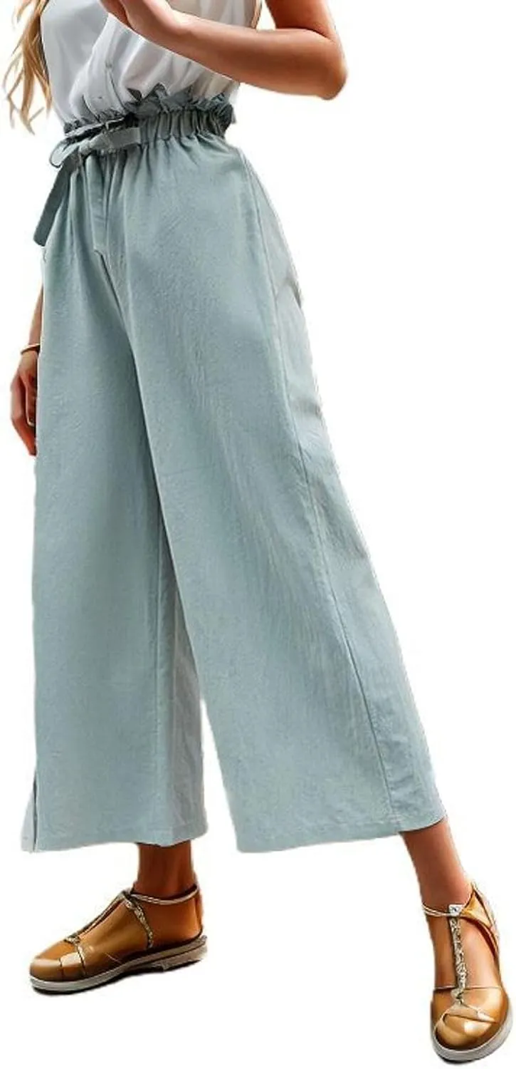 Women's High Waisted Pants Palazzo Casual Pants Wide Leg Pleated Elastic Waist Long Fashion Trousers