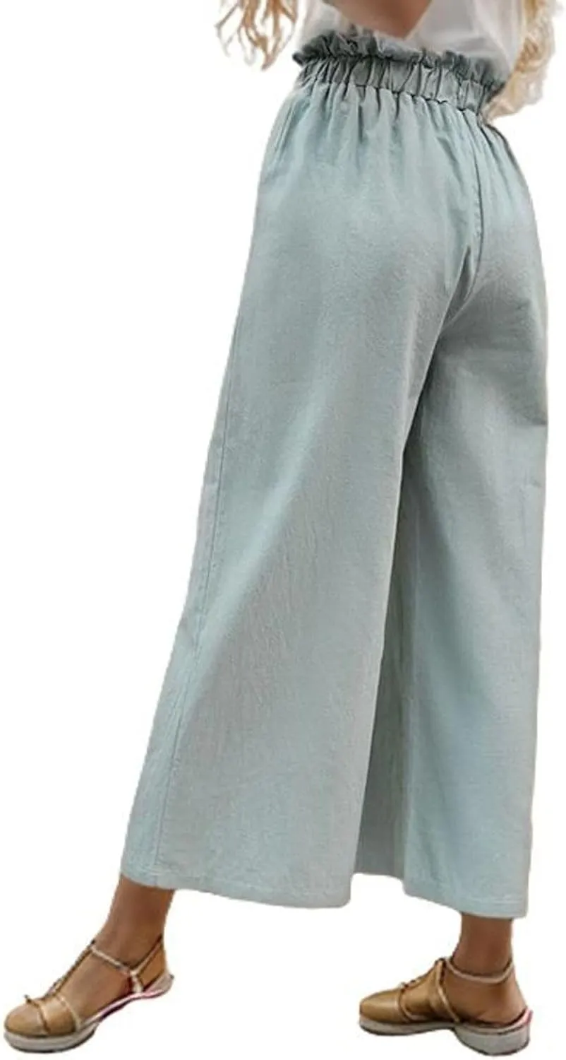 Women's High Waisted Pants Palazzo Casual Pants Wide Leg Pleated Elastic Waist Long Fashion Trousers