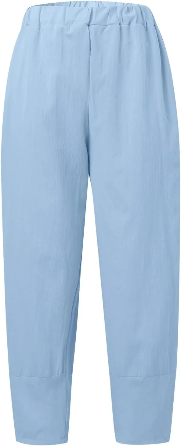Womens Linen Blend Summer Baggy Pant Trousers Low Waist Wide Leg Plus Size Palazzo Pants Beach