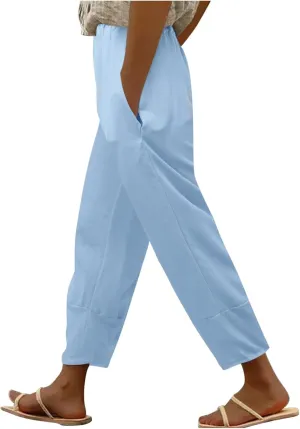 Womens Linen Blend Summer Baggy Pant Trousers Low Waist Wide Leg Plus Size Palazzo Pants Beach