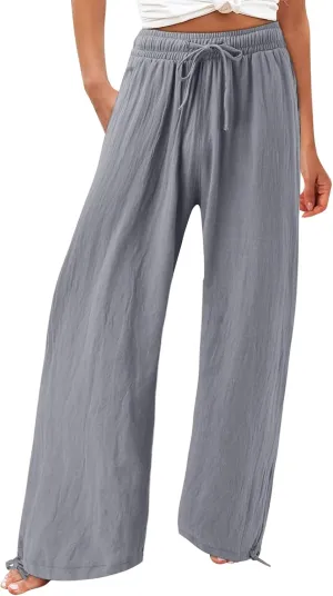 Women's Linen Blend Summer Boho Palazzo Pants Low Waist Lounge Pants Slim Fit Palazzo Lounge Pants Vacation