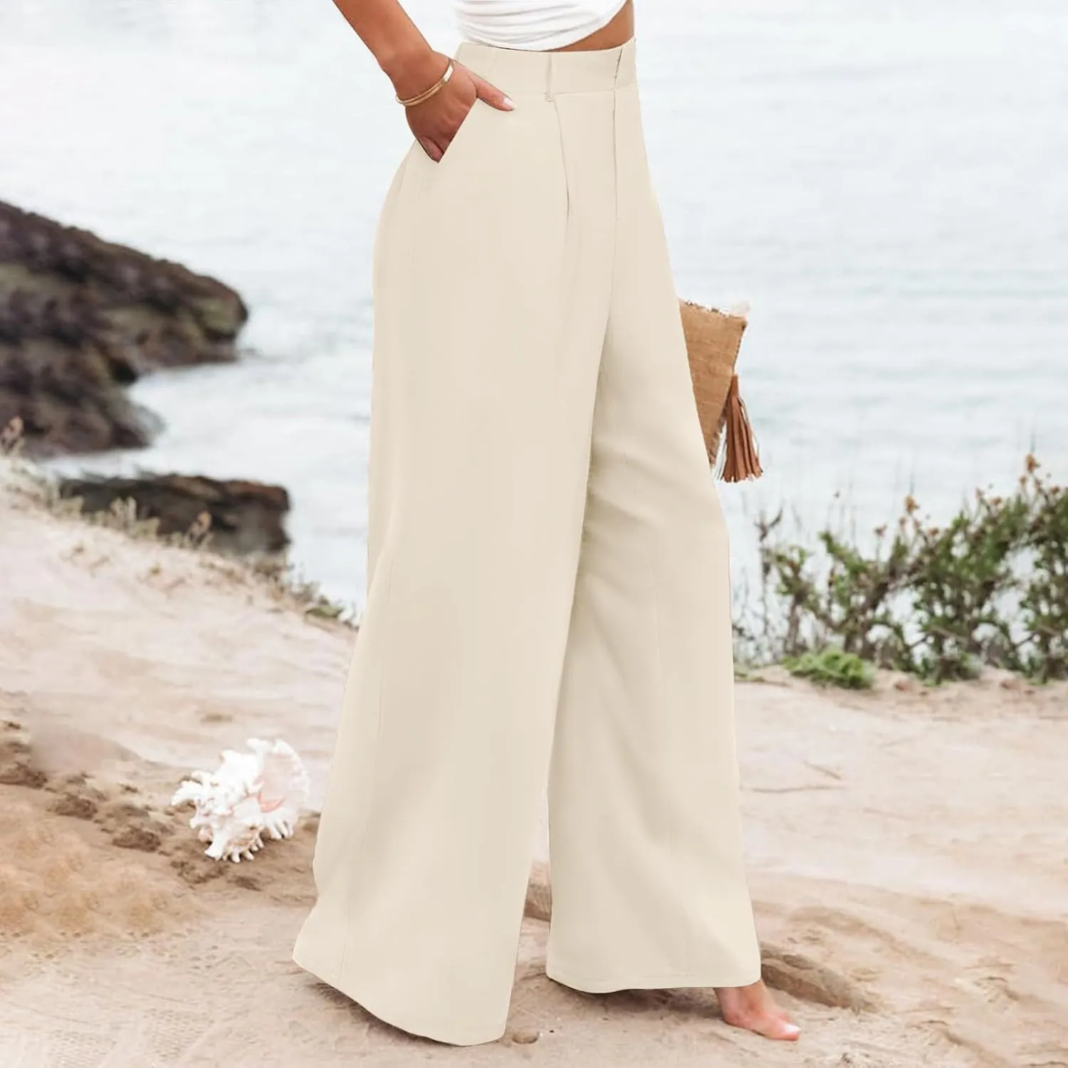 Womens Linen Blend Summer Casual Loose Palazzo Lounge Pants High Waist Stretchy Slim Fit Pants Travel