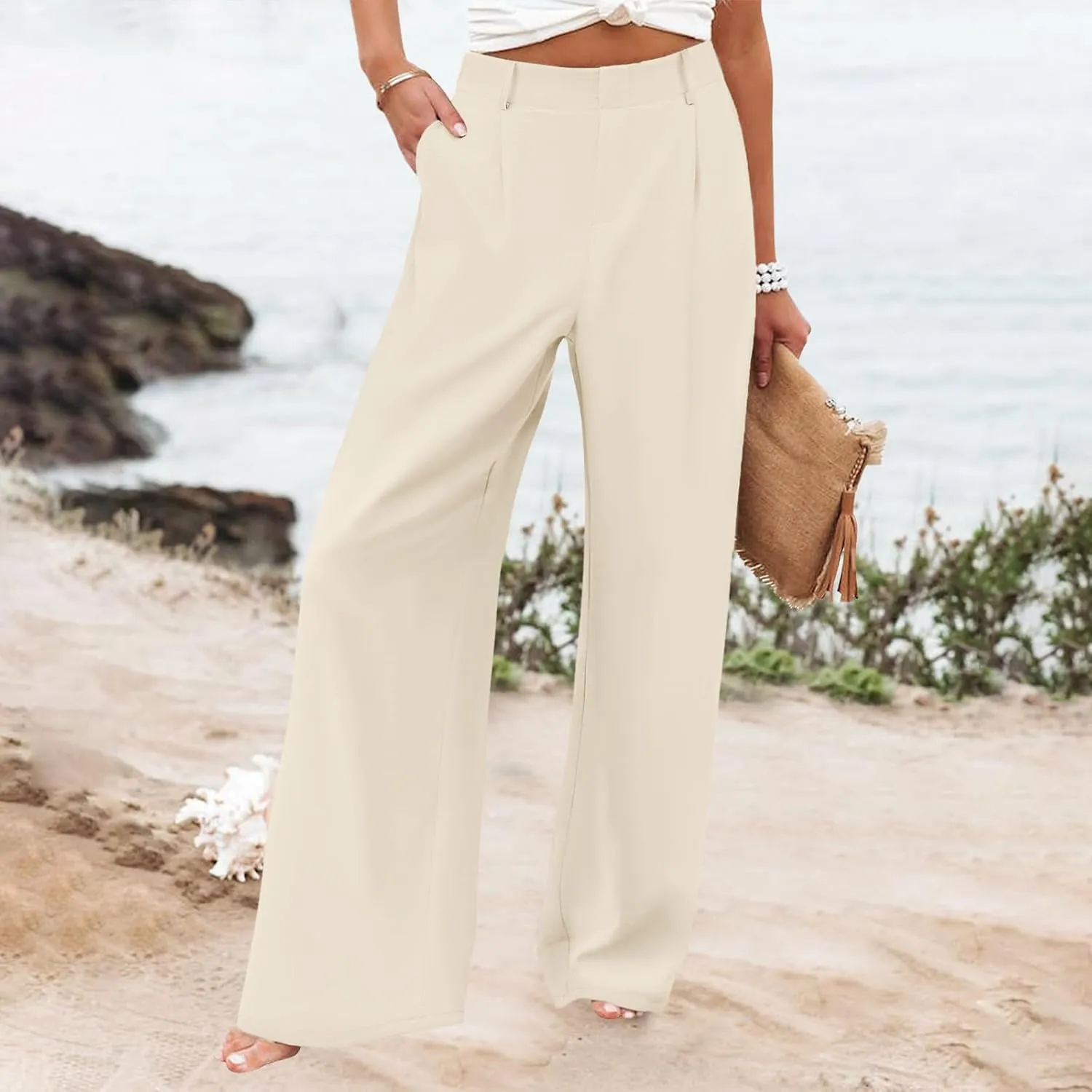 Womens Linen Blend Summer Casual Loose Palazzo Lounge Pants High Waist Stretchy Slim Fit Pants Travel