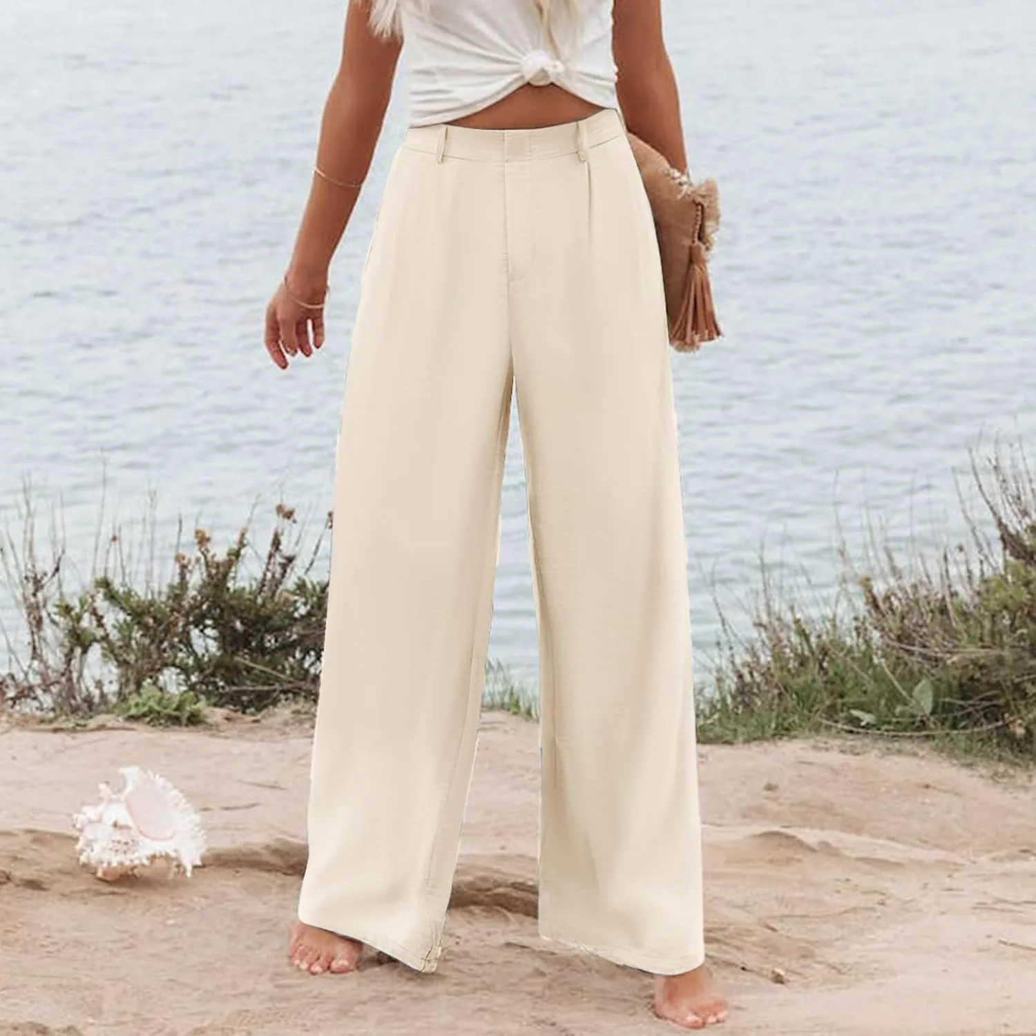 Womens Linen Blend Summer Casual Loose Palazzo Lounge Pants High Waist Stretchy Slim Fit Pants Travel