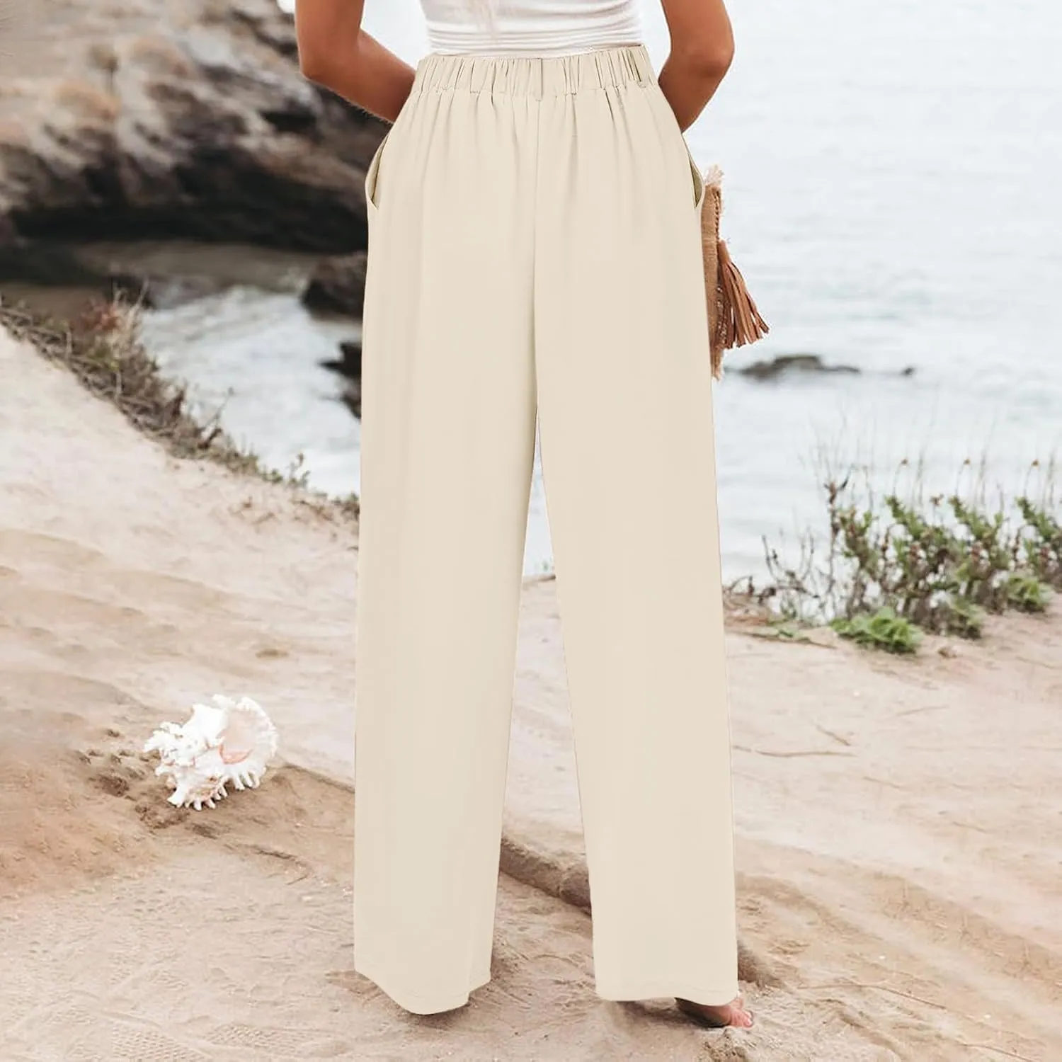 Womens Linen Blend Summer Casual Loose Palazzo Lounge Pants High Waist Stretchy Slim Fit Pants Travel
