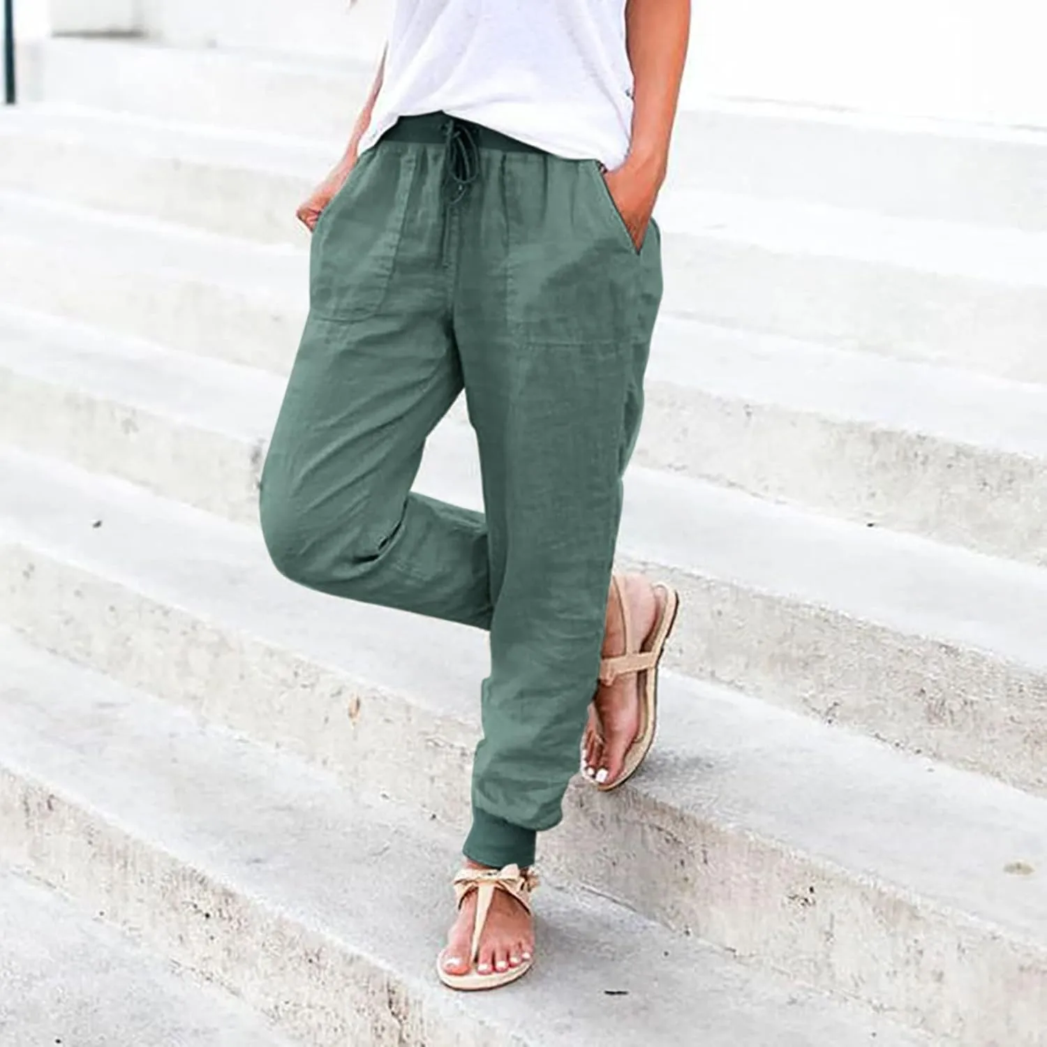 Women's Linen Blend Summer Comfy Palazzo Pants Low Waist Long Lounge Plus Size Palazzo Lounge Pants Office
