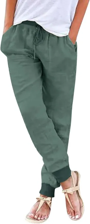 Women's Linen Blend Summer Comfy Palazzo Pants Low Waist Long Lounge Plus Size Palazzo Lounge Pants Office