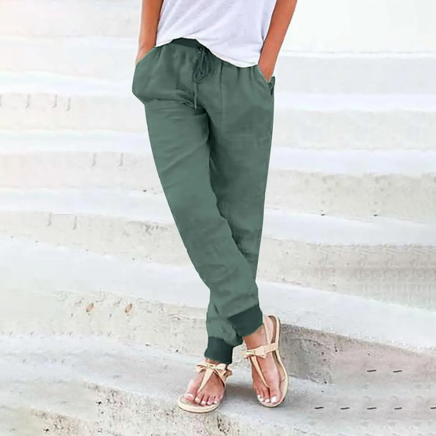 Women's Linen Blend Summer Comfy Palazzo Pants Low Waist Long Lounge Plus Size Palazzo Lounge Pants Office