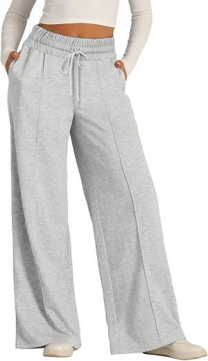 Women's Linen Blend Summer Flowy Palazzo Pants Elastic Waist Bootcut Plus Size Pant Trousers Travel