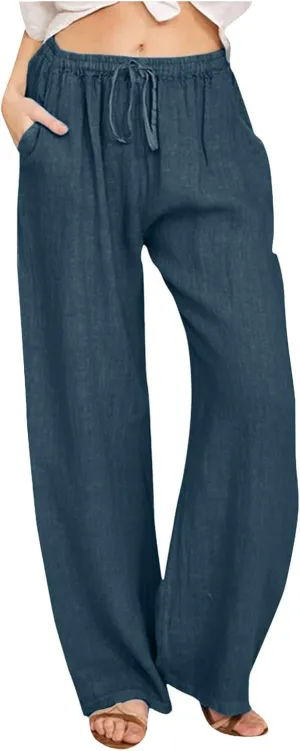 Womens Linen Blend Summer Letter Patched Palazzo Lounge Pants Elastic Waist Wide Leg Slim Fit Palazzo