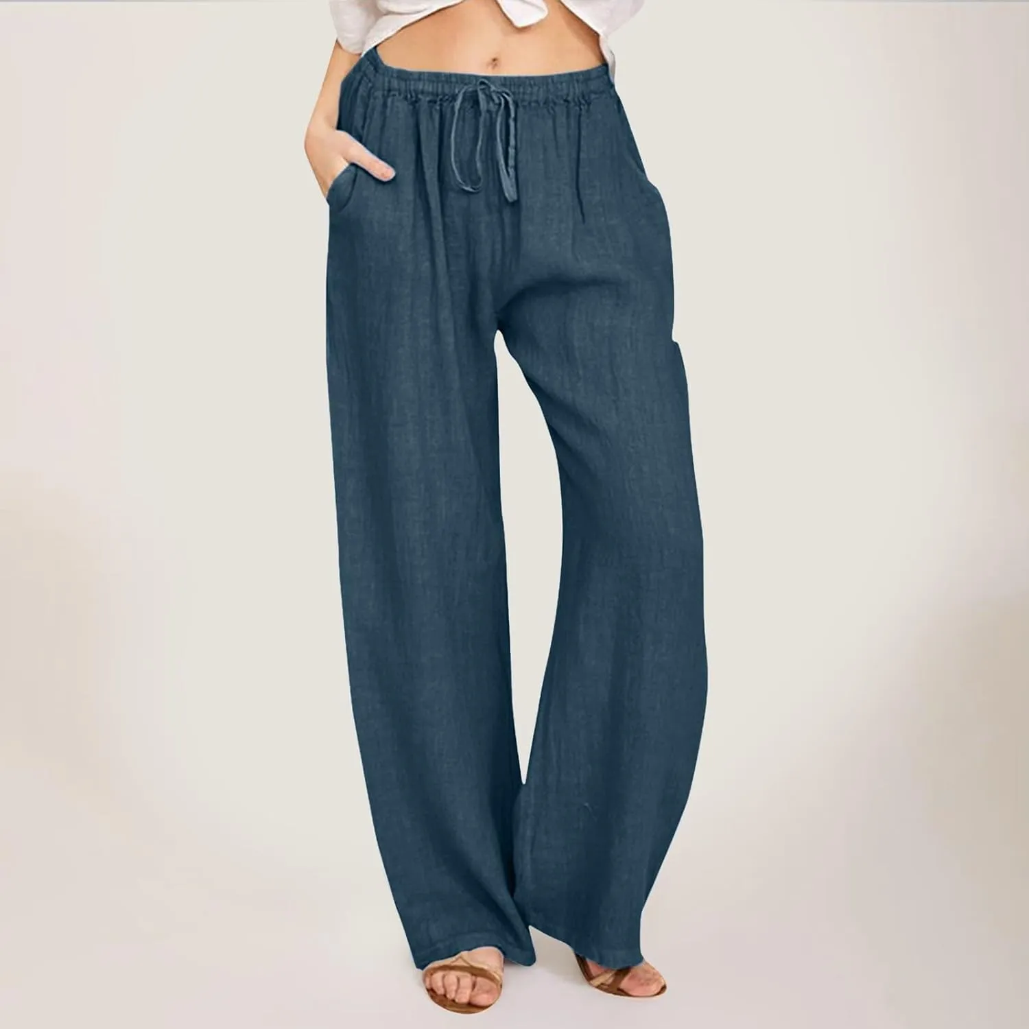 Womens Linen Blend Summer Letter Patched Palazzo Lounge Pants Elastic Waist Wide Leg Slim Fit Palazzo
