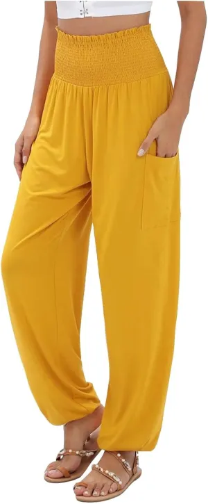 Women's Linen Blend Summer Letter Patched Pants Elastic Waisted Wide Leg Slim Fit Palazzo Lounge Pants