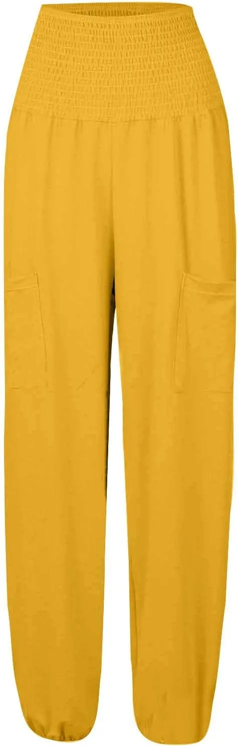 Women's Linen Blend Summer Letter Patched Pants Elastic Waisted Wide Leg Slim Fit Palazzo Lounge Pants