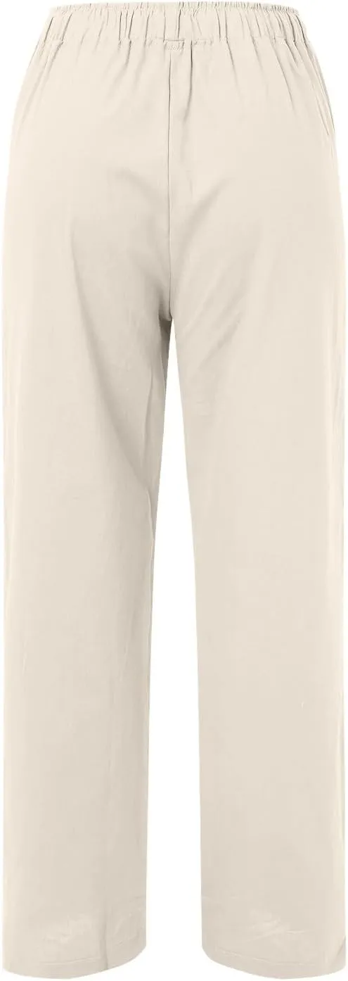 Women's Linen Blend Summer Lightweigt Pant Trousers Elastic Waisted Bootcut Loose Fit Palazzo Lounge Pants Beach