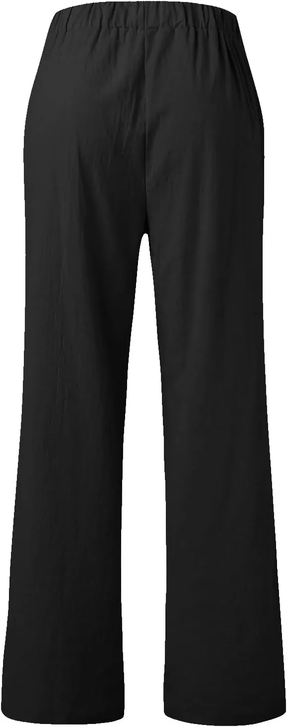 Womens Linen Blend Summer Print Palazzo Pants High Waist Wide Leg Loose Fit Pants Work Business