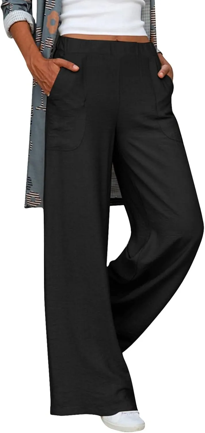 Womens Linen Blend Summer Print Palazzo Pants High Waist Wide Leg Loose Fit Pants Work Business