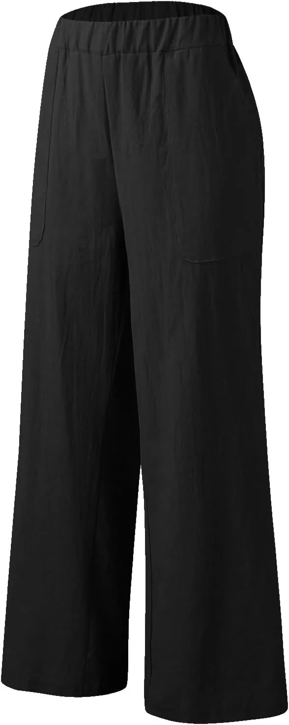 Womens Linen Blend Summer Print Palazzo Pants High Waist Wide Leg Loose Fit Pants Work Business