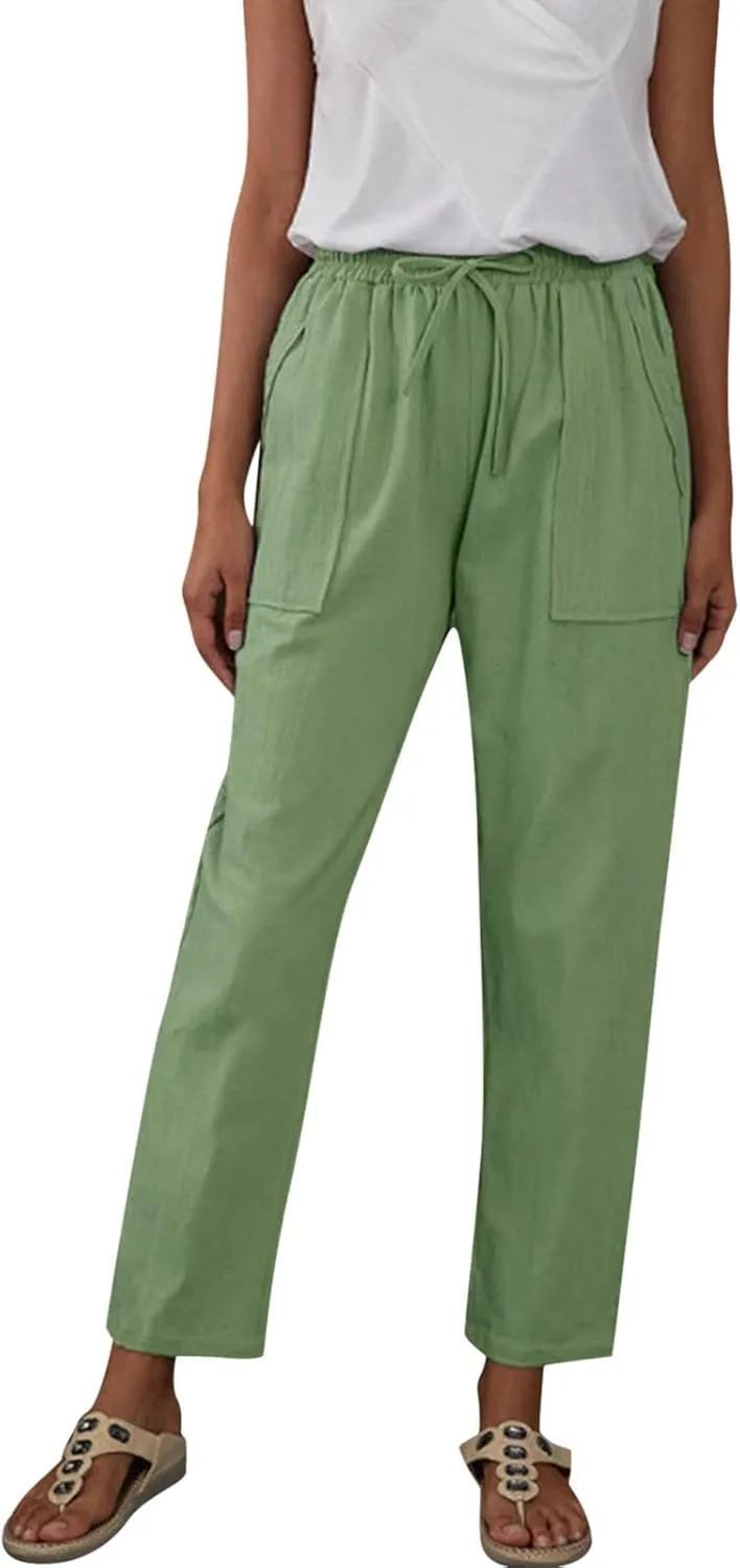 Womens Linen Blend Summer Print Pant Trousers Low Waist Ankle Length Loose Fit Trouser Office
