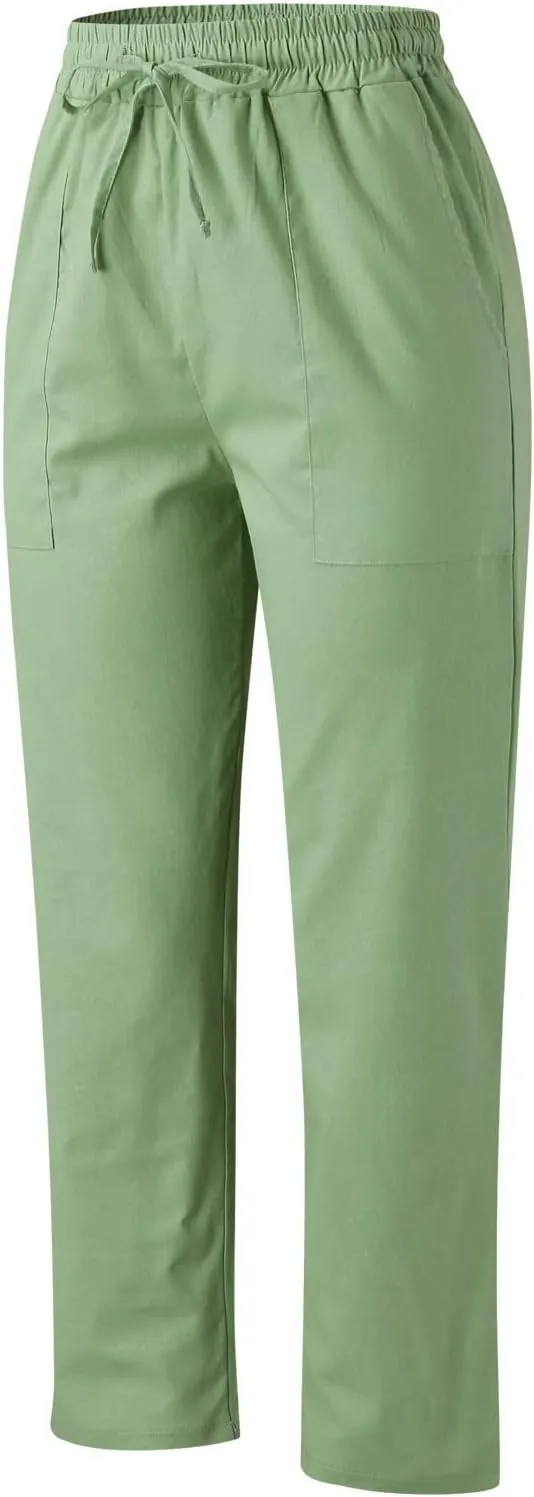 Womens Linen Blend Summer Print Pant Trousers Low Waist Ankle Length Loose Fit Trouser Office