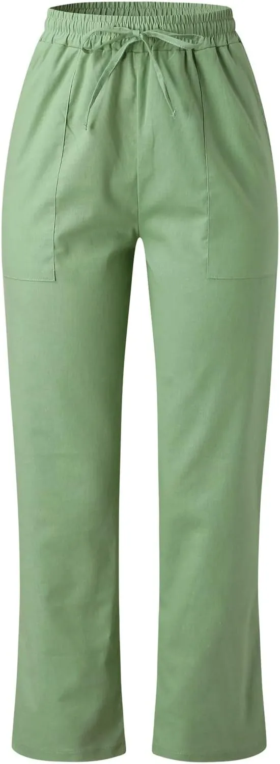 Womens Linen Blend Summer Print Pant Trousers Low Waist Ankle Length Loose Fit Trouser Office