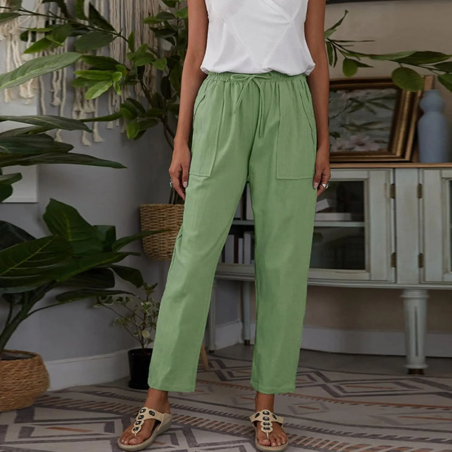 Womens Linen Blend Summer Print Pant Trousers Low Waist Ankle Length Loose Fit Trouser Office