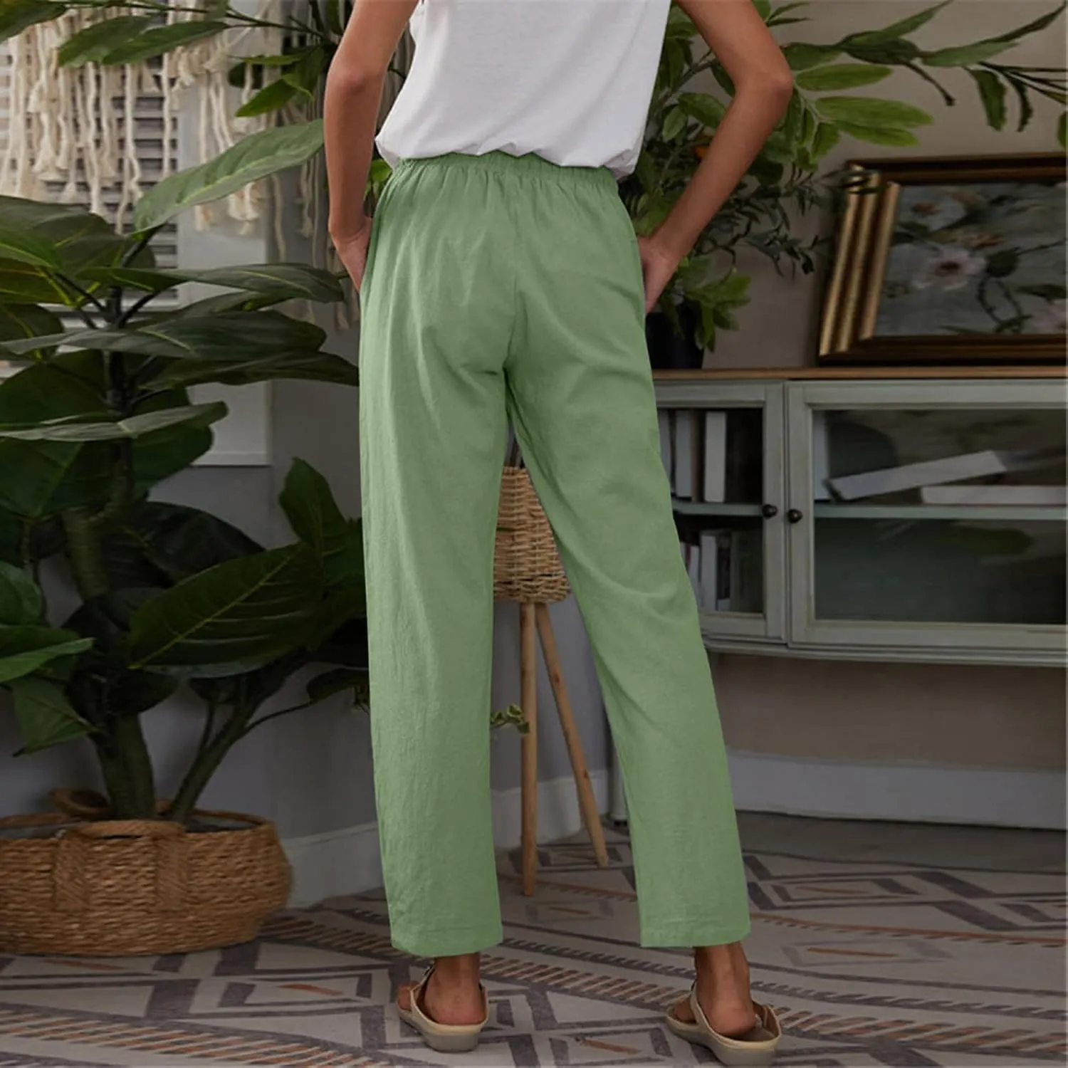 Womens Linen Blend Summer Print Pant Trousers Low Waist Ankle Length Loose Fit Trouser Office