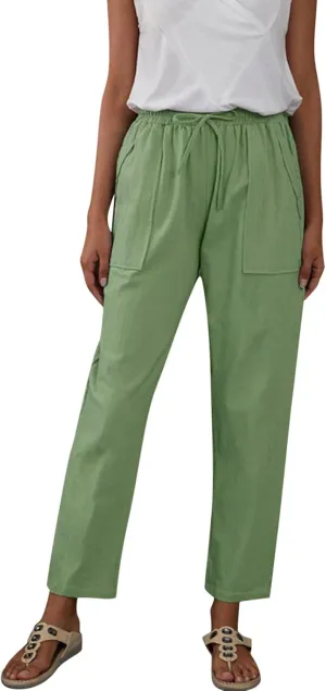 Womens Linen Blend Summer Print Pant Trousers Low Waist Ankle Length Loose Fit Trouser Office