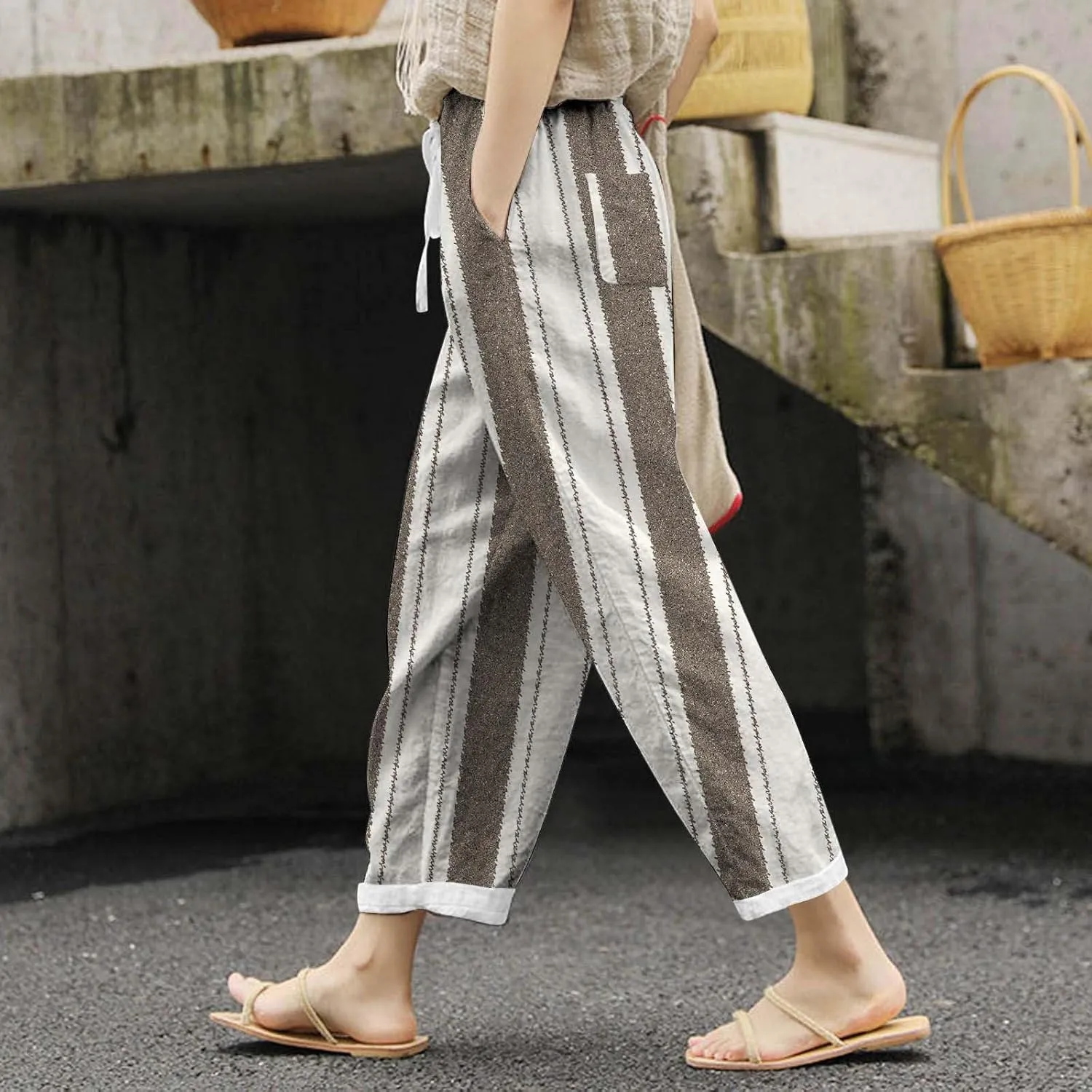 Women's Linen Blend Summer Printed Pant Trousers Elastic Waist Wide Leg Slim-Fit Pants Work Business