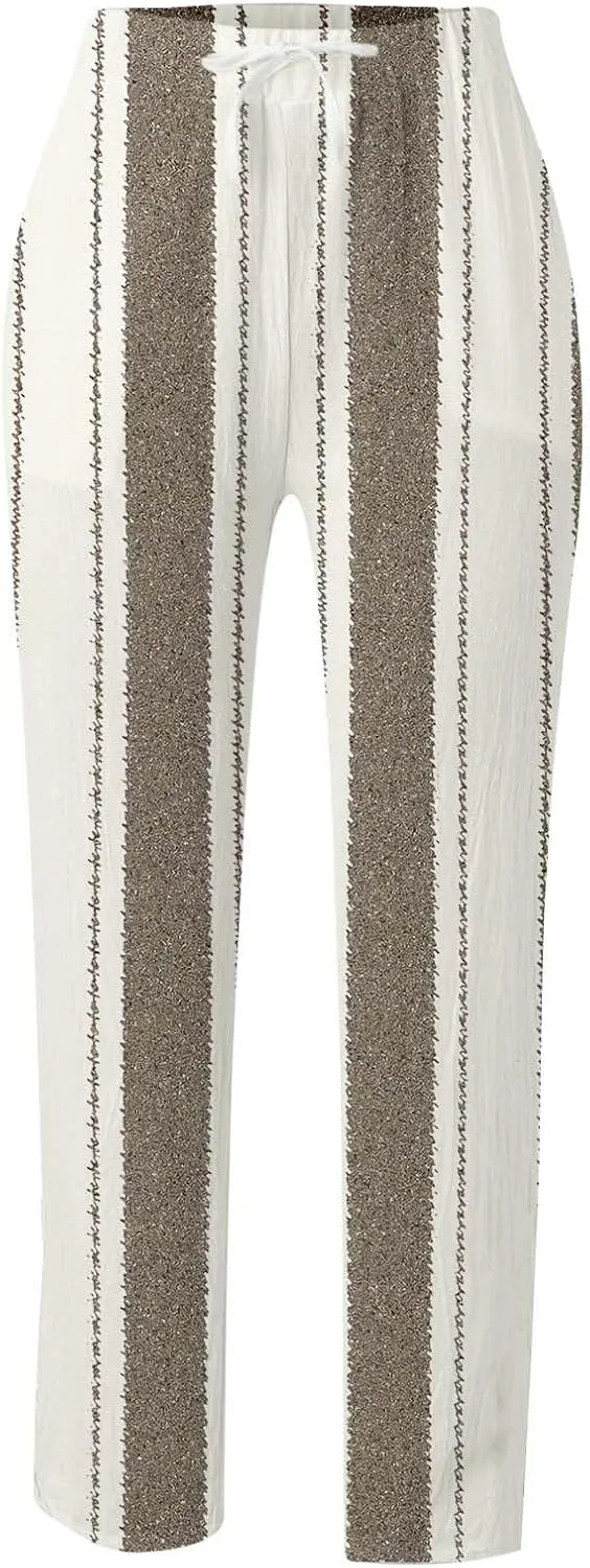 Women's Linen Blend Summer Printed Pant Trousers Elastic Waist Wide Leg Slim-Fit Pants Work Business