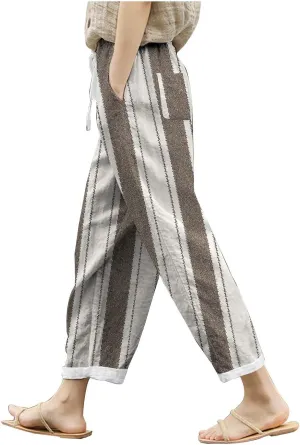 Women's Linen Blend Summer Printed Pant Trousers Elastic Waist Wide Leg Slim-Fit Pants Work Business