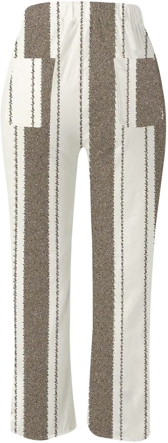 Women's Linen Blend Summer Printed Pant Trousers Elastic Waist Wide Leg Slim-Fit Pants Work Business