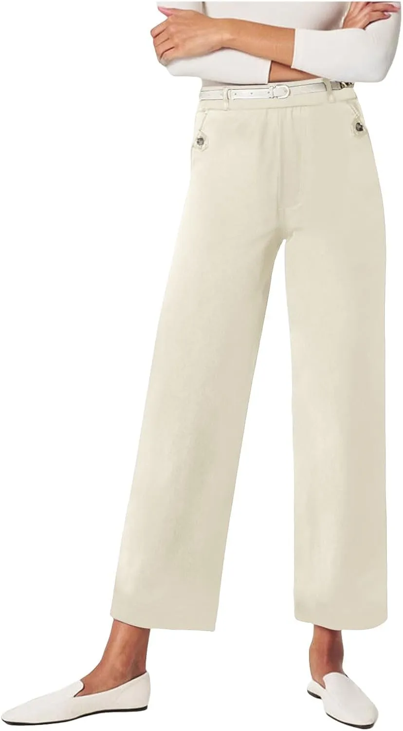 Women's Linen Blend Summer Pull On Palazzo Lounge Pants High Waist Wide Leg Slim-Fit Pant Trousers Work Business