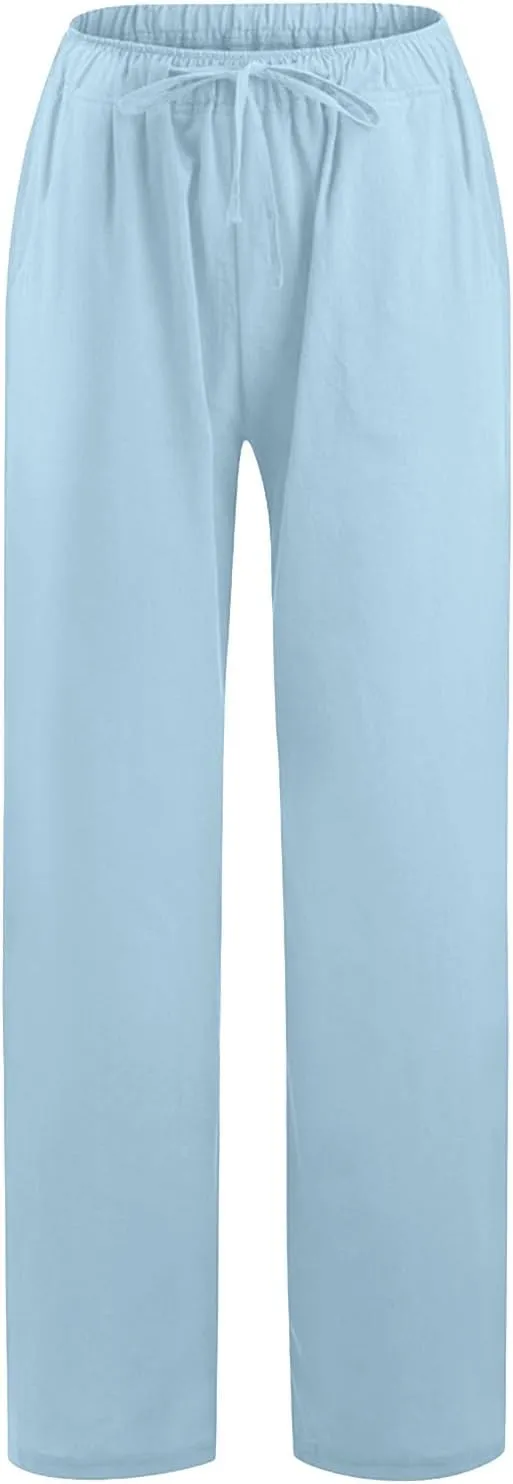 Women's Linen Blend Summer Pull On Pants Low Waist Ankle Length Slim Fit Trousers Travel