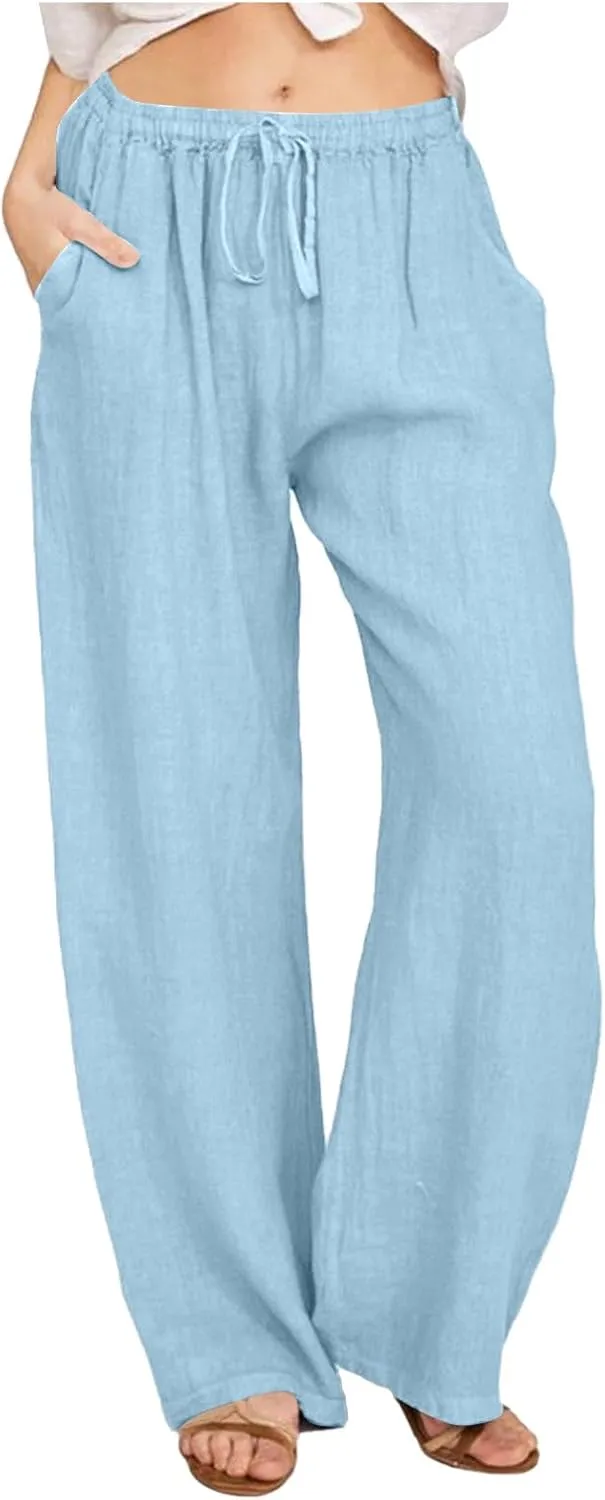 Women's Linen Blend Summer Pull On Pants Low Waist Ankle Length Slim Fit Trousers Travel