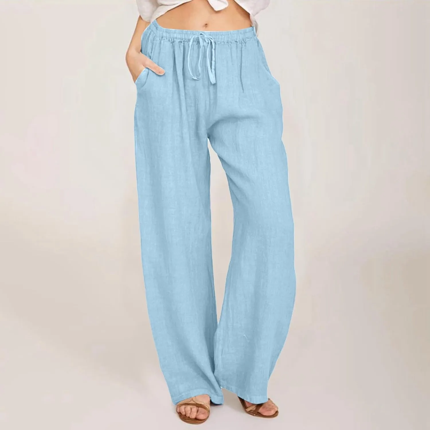 Women's Linen Blend Summer Pull On Pants Low Waist Ankle Length Slim Fit Trousers Travel