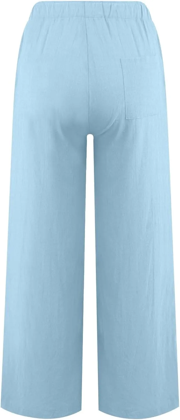 Women's Linen Blend Summer Pull On Pants Low Waist Ankle Length Slim Fit Trousers Travel