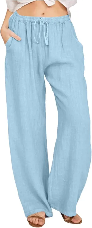 Women's Linen Blend Summer Pull On Pants Low Waist Ankle Length Slim Fit Trousers Travel