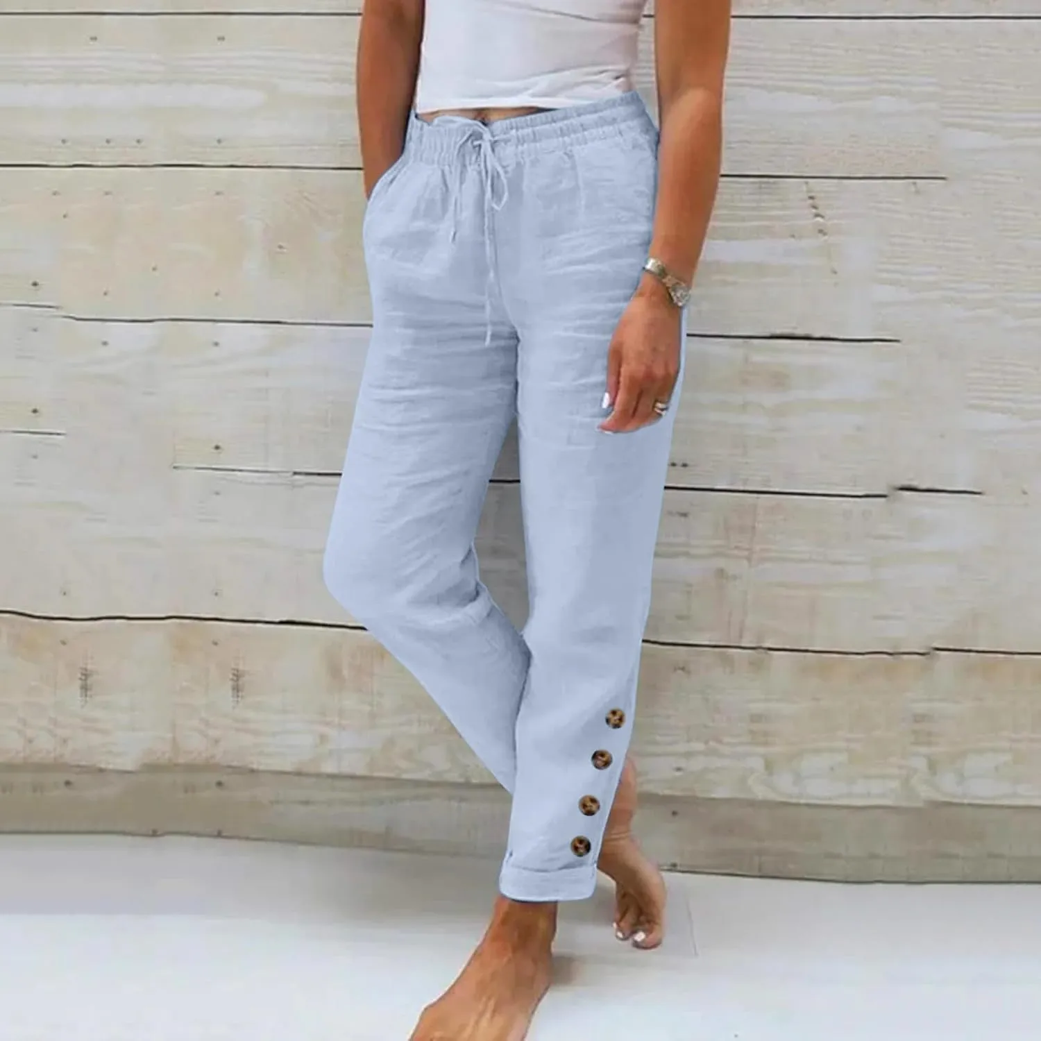 Womens Linen Blend Summer Solid Pant Trousers High Waist Stretchy Straight Slim Fit Pants Work Business