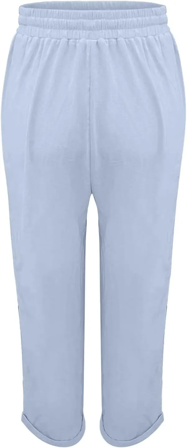 Womens Linen Blend Summer Solid Pant Trousers High Waist Stretchy Straight Slim Fit Pants Work Business