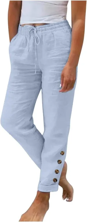 Womens Linen Blend Summer Solid Pant Trousers High Waist Stretchy Straight Slim Fit Pants Work Business