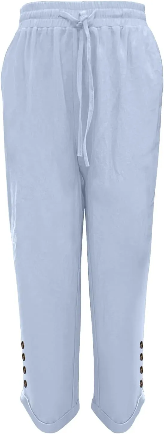 Womens Linen Blend Summer Solid Pant Trousers High Waist Stretchy Straight Slim Fit Pants Work Business