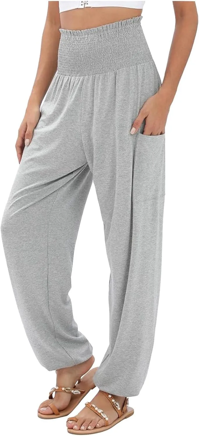 Womens Linen Blend Summer Split Flowy Pant Trousers Elastic Waist Long Lounge Loose Fit Palazzo Lounge Pants Office