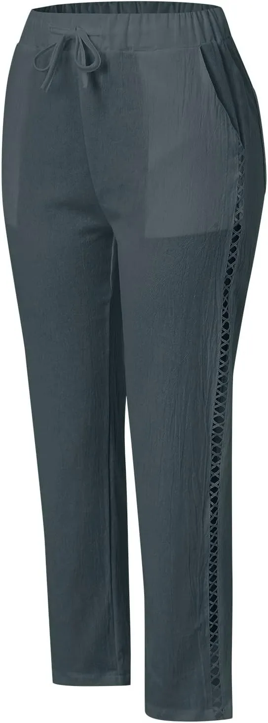 Womens Linen Blend Summer Split Flowy Pants Elastic Waist Long Lounge Slim Fit Pant Trousers Work Business