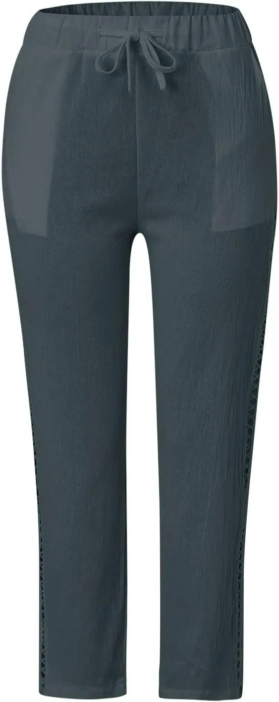 Womens Linen Blend Summer Split Flowy Pants Elastic Waist Long Lounge Slim Fit Pant Trousers Work Business