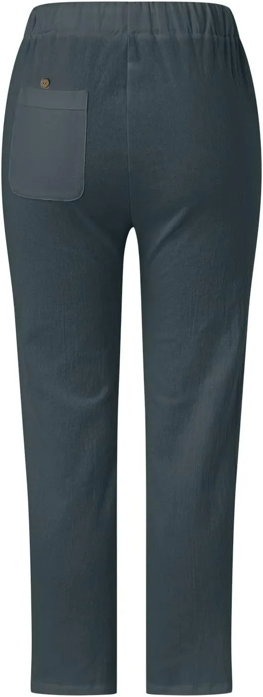 Womens Linen Blend Summer Split Flowy Pants Elastic Waist Long Lounge Slim Fit Pant Trousers Work Business