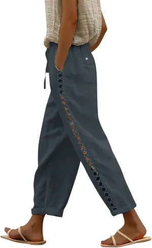 Womens Linen Blend Summer Split Flowy Pants Elastic Waist Long Lounge Slim Fit Pant Trousers Work Business